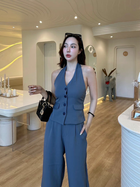 Women Casual Halter Neck Waist Coat with Trousers Sets